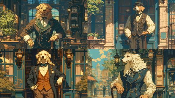 拟人化长毛犬绅士着维多利亚贵族装，拄拐杖站咖啡馆门口，像素艺术，对称构图，暖光，复古色，中焦镜头，优雅，闲适。