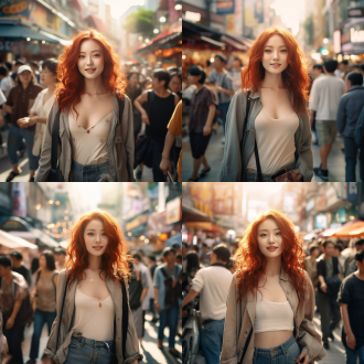 香港街头忙碌人群中亚洲红发年轻女孩正面全景，写实电影风，自然光，暖色调，广角，微笑驻足，闲适氛围。