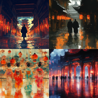 人物行走于布满自上而下唐诗的空间，低角度构图，中国水墨风，动画艺术感，暖黄调，逆光，动态模糊，梦幻氛围。