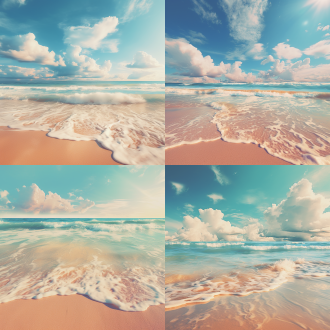 海边风光，三分构图，ins风格，碧海蓝天，金色浪花，米白沙滩，交界珠宝璀璨，广角镜头，自然光，平静，清新，透明感强。