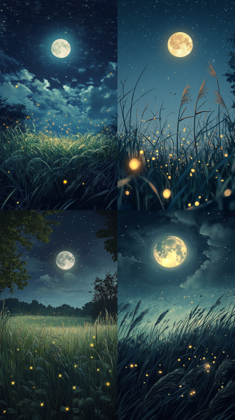 宁静的夏夜，月光洒在一片空旷的草地上，四周是随风摇曳的草丛和闪烁的萤火虫。