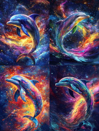 一只彩色海豚，灵动，虚空，梦幻，色彩交织，油画风格，宇宙虚幻背景，细节丰富，颜色鲜艳，超高清分辨率，16k.