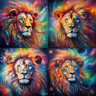 一只彩色狮子，灵动，虚空，梦幻，色彩交织，油画风格，宇宙虚幻背景，细节丰富，颜色鲜艳，超高清分辨率，16k.
