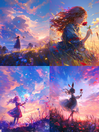 一只兔女郎和一只盛开的玫瑰花，梦幻，温柔，轻盈，美好，在草丛里，五颜六色的天空背景，最高画质，色彩细腻，细节丰富，超高分辨率，16k