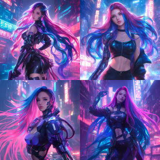 attractive young female, beautiful model, long flowing black blue pink hair, cyberwear, cyberpunk technological equipment & accessories, cute anime cyberpunk girl aesthetics, glamour, insanely detailed and intricate, hypermaximalist, sharp, focused, elegant, hyper realistic, super detailed,glowing lights, low angle fully body shot, dynamic action pose, award winning movie poster, visible pores, highly detailed realistic eyes, cyberpunk style costume with high quality fabric, intricate beautiful face, hyperrealistic, hyperdetailed, ultra high detailed photograph,intricate detail,ultra detail, perfectly realistic lights, realistic reflex, photorealistic shot,ultra hd, award winning photography, 16k, dramatic, dslr, ultra-wide angle, cinematic gentle lighting, vivid colors, sharp graphic, full color, high contrast details, high sharpness, tone mapping, ambient occlusion, volumetric light, iridescent glow, retrofuturism, cyberpunk art by maciej kuciara, standing in a city at night, glowing neon, cgsociety, rim lights, сinematic lighting,4k