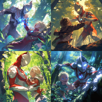 奥特曼和一个金发男孩在森林里一起打怪兽