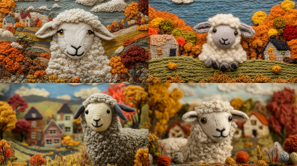 the background is a hand woven village with wool, including grass, trees, and sky. there is a hand woven white sheep in the center of the highlighted image, with gray fur on the facial details and black yarn on the eyes. the weaving details look like they are made of yarn or wool. in autumn, during the harvest season, the warm colors are bright and uniform, the image is simple, the image has a sense of space, modern art style, and cute. ultra detailed, high-resolution 8k