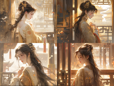 一位十八岁的中国古代美人站在皇宫门口，背景金碧辉煌。构图分为三部分，以工笔画风格描绘，使用暖色调、长焦镜头和正面光。她保持着优雅的姿态，穿着华丽，表情温柔，性情阳光