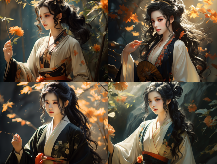 古代美人，三分构图，古典园林背景，工笔画风格，长焦镜头，自然光，颔首浅笑，手持团扇，青丝垂肩，淡雅色彩，温婉。