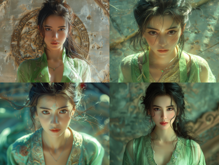 中国风古典美女，束发着淡青古装，正脸伸手，仪态妖娆，于古典建筑中，自然光，俯视广角，超清，超现实，动态光影。