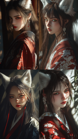 一名女性，深棕色長髮，綠色眼睛，振袖，羽織，紅色系妝容，白色狐狸耳朵，白色狐狸尾巴，垂直, 半身照, ,低頭陰影屏幕, 觸感最高畫質, 膩渲染, 臉部著重刻畫, 暗色調, 極大的線條感的觸, 膩分明詳細刻畫的髮絲, 清晰8k,日漫風格,