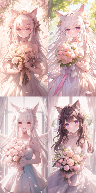 an ultra-detailed, high-definition illustration in the same artistic style, featuring a slightly more cute and motherly nekomimi (cat-eared girl) holding an intricately detailed bouquet of flowers. she has a serene and happy smile, evoking warmth and a pure sense of joy. the atmosphere is gentle and elegant, with a modest and graceful charm. her glowing ruby eyes and silky hair, combined with soft, natural makeup, contribute to her gentle and maternal presence. the delicate silk threads and sophisticated seams of her gown reflect a feeling of love, justice, and motherhood, all within a soft, dreamy lighting that conveys peace and happiness.