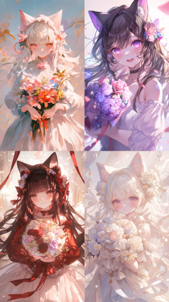 an ultra-detailed, high-definition illustration in the same artistic style, featuring a slightly more cute and motherly nekomimi (cat-eared girl) holding an intricately detailed bouquet of flowers. she has a serene and happy smile, evoking warmth and a pure sense of joy. the atmosphere is gentle and elegant, with a modest and graceful charm. her glowing ruby eyes and silky hair, combined with soft, natural makeup, contribute to her gentle and maternal presence. the delicate silk threads and sophisticated seams of her gown reflect a feeling of love, justice, and motherhood, all within a soft, dreamy lighting that conveys peace and happiness.