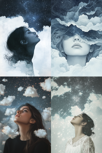 woman, the background is starry sky gray blue gradient, with white clouds floating around it. this artwork was created using digital painting techniques. it features a handdrawn style, rough edges, and features a colorful cartoon illustration style. 粉笔画