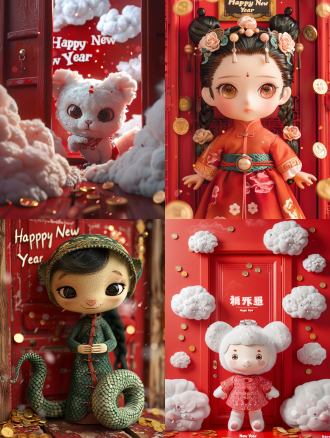 this is a digital photo of a baby snake peekingthrough a red door. lovely snake baby,charmingsnake body animation characters,surrounded byauspicious clouds,poma model,plump figure,handsin waist,very proud expression,wearing exquisiteembroidered clothes,wearing hairaccessories,combining the style of ancient chinesemythology,red background,scattered goldcoins,snake wearing a lion hat,above,"happy newyear" is written in nifty white cursive script,doorand snake baby's clothes are all red series,create afestive,new year atmosphere,the image is vibrantand cheerful,with typical digital art luster,smoothtexture,大模型:f.1基础模型lora模型:蛇年新年3d动漫ip卡通形象 权重0.8蛇年吉祥物 超可爱萌宠蛇2.5d 权重1