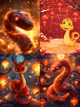 蛇年吉祥物，过年氛围，喜庆背景，卡通画风