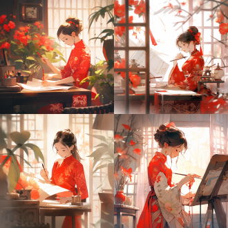 非遗文化，传统工笔风格，女人穿旗袍全神贯注做红纸窗花，全身像，室内，长焦镜头，暖色调，柔和光，精细笔触，温馨。