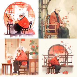 老人戴眼镜穿古朴衣服坐椅上拿红色窗花，中国传统工笔，儿童插画风格，无背景，长焦镜头，暖色调，精细笔触，构图平衡，温馨。