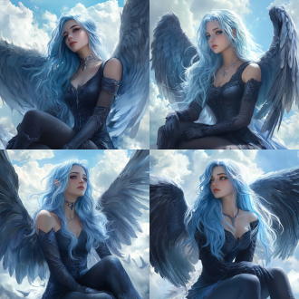 蓝色头发，大师魅力，神秘天空，详细，超高分辨率。精致的翅膀，最佳质量，超高分辨率，