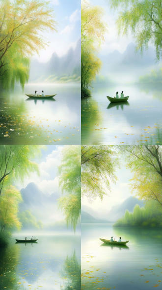 极简风数字插画，宁静湖景，黄叶秋树夹岸，小船二人，远处山峦，蓝天飘云，渐变色调，柔和光影，数字绘画，宁静祥和。