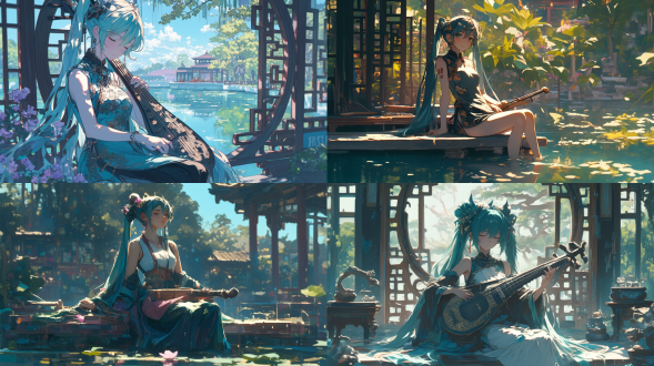 初音未来弹琵琶，江南园林中，三分构图，古风，长焦镜头，顶光，细腻画质，着旗袍优雅，神情温婉，古典色彩，姿态悠然，细节增强，4k