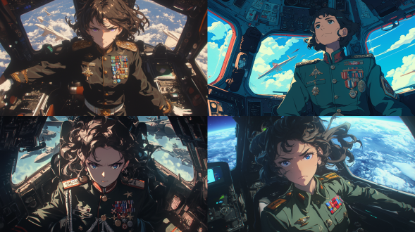 优雅高挑女星际船长半身像，神情坚毅，军装挂满勋章，站在满是设备的高科技驾驶舱，窗外星空，经典二次元风，高饱和色彩 。