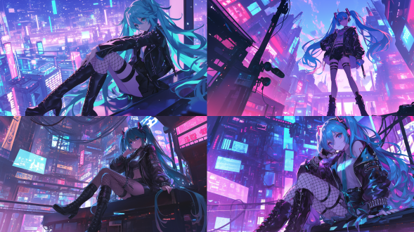 初音未来霓虹闪烁的都市街头环境，朋克皮夹克上有个性的铆钉装饰，渔网袜，黑色过膝骑士靴靴鞋带系得很有特色，眼神自信，单手叉腰，全身照，酷帅个性风格，超高清