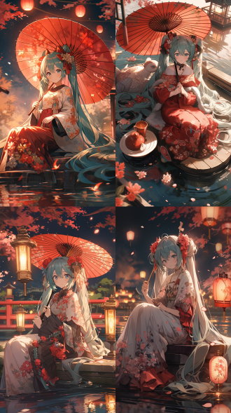 hatsune miku in crimson qipao with golden phoenix embroidery, iconic turquoise twin tails glowing softly, holding translucent oil-paper umbrella adorned with midi waveform patterns, holographic sakura petals falling around willow branches, misty jiangnan garden with moon gate and koi pond, vocaloid energy streams flowing through silk fabric, celadon teacup emitting binary code steam on stone table, dawn lighting with rim glow effect