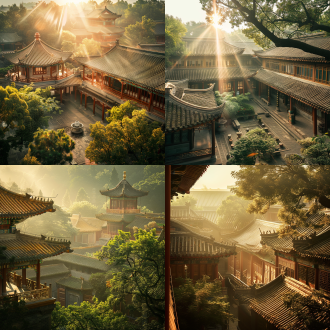 古色中式庭院，亭台楼阁绿树，阳光洒落，三分构图，暖黄色调，长焦镜头，顶光，静谧，古典氛围。