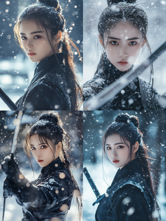中国风女侠雪中英姿，黑色劲装高马尾，帅气妆容。三分构图，雪景，长焦镜头，逆光，慢快门，雪花飞舞，复古色，电影质感，中国风宿命感。 武侠 电影风格 半身