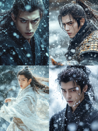国风摄影，雪花飞扬，古风小哥，全身照，长发高马尾，帅气冷酷的妆容，侠客，武侠，飞鱼服，劲装，帅气硬朗，氛围感，宿命感，电影美学，高清细节，