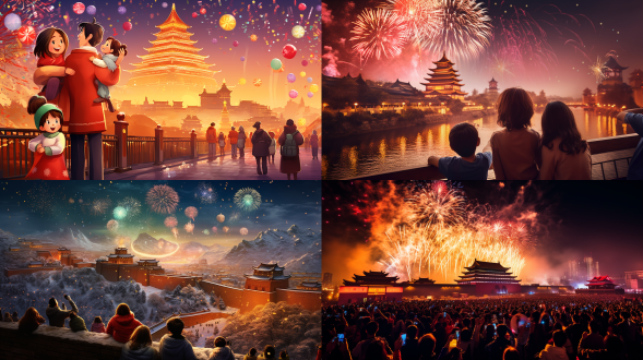 夜晚的中国古城墙，一家人欢聚一堂观看新年烟花，天空中五颜六色的爆炸，孩子们拿着烟花，情侣拥抱，老人带着孙子孙女，传统灯笼和现代灯饰的混合，城市天际线与传统建筑，欢乐的面部表情，希望和新的开始的感觉，