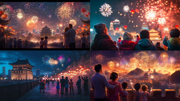 夜晚的中国古城墙，一家人欢聚一堂观看新年烟花，天空中五颜六色的爆炸，孩子们拿着烟花，情侣拥抱，老人带着孙子孙女，传统灯笼和现代灯饰的混合，城市天际线与传统建筑，欢乐的面部表情，希望和新的开始的感觉