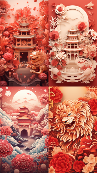 中国新年海报，等距视角，红金渐变，剪纸几何融合，舞狮飞鹤牡丹，暖光动感文字，8k，传统未来结合，高饱和，暖色调。