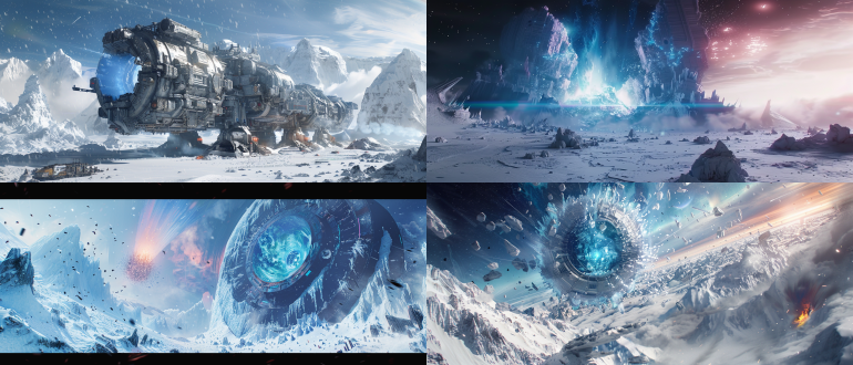 ultra-realistic cinematic scene of the wandering earth's planetary engine, 8k resolution with hyper-detailed mechanical textures, towering 10,000-meter engine piercing through aurora-lit atmosphere, glowing blue plasma core erupting into sky, surrounded by frozen megacity ruins and collapsing glaciers under extreme cold climate, ultra-wide angle low-angle shot emphasizing scale, dynamic volumetric lighting with ray-traced reflections on metallic surfaces, industrial steam and ice crystals swirling around colossal structure, neon-blue energy veins pulsing across engine's surface, debris and sparks frozen in mid-air motion blur, distant mountains shrouded in snowstorm, cinematic color grading with cold cyan and fiery orange contrasts, cyberpunk industrial aesthetics blended with apocalyptic grandeur, unreal engine 5 rendered, artstation trending, concept art by simon stålenhag and wenqing yan