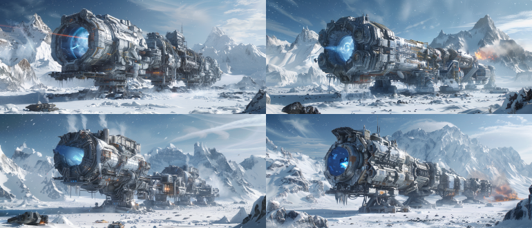 ultra-realistic cinematic scene of the wandering earth's planetary engine, 8k resolution with hyper-detailed mechanical textures, towering 10,000-meter engine piercing through aurora-lit atmosphere, glowing blue plasma core erupting into sky, surrounded by frozen megacity ruins and collapsing glaciers under extreme cold climate, ultra-wide angle low-angle shot emphasizing scale, dynamic volumetric lighting with ray-traced reflections on metallic surfaces, industrial steam and ice crystals swirling around colossal structure, neon-blue energy veins pulsing across engine's surface, debris and sparks frozen in mid-air motion blur, distant mountains shrouded in snowstorm, cinematic color grading with cold cyan and fiery orange contrasts, cyberpunk industrial aesthetics blended with apocalyptic grandeur, unreal engine 5 rendered, artstation trending, concept art by simon stålenhag and wenqing yan