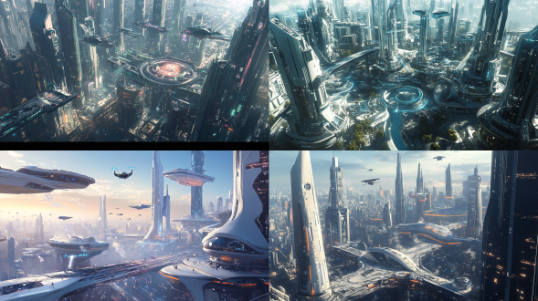 a massive futuristic city community, filled with architecture that showcases complex geometric shapes and sleek, modern designs. the buildings feature innovative and intricate structures, with sharp angles and flowing curves that reflect futuristic advancements. small flying vehicles zoom through the air above the community, adding to the high-tech atmosphere. the city is bathed in sci-fi lighting, with neon and holographic lights casting an otherworldly glow over the entire area.