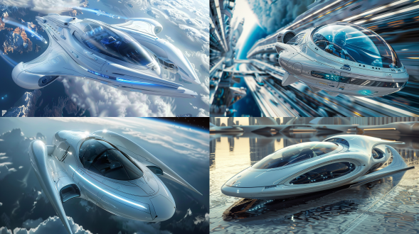 未来飞船在宇宙，流线似鲨，白体蓝饰，穹顶座舱，远处地球，冷色调，cgi风，动感模糊，仰拍，科幻氛围，<lora:yy-未来飞行器f.1:1.2>