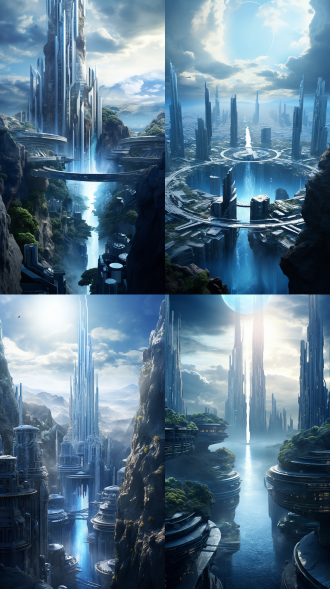 未来城市景观，仰角斜视角，瀑布前景，规则三分构图，中度景深，深蓝灰调色，暖光对比，科幻奇幻风，高分辨率，氛围写实。