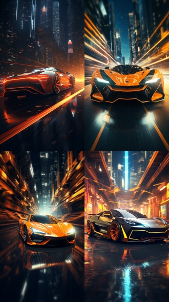 纳米朋克场景下飞船与高科技跑车，橙黄霓虹，未来世界，对角线构图，写实电影风，景深强虚化，<lora:yy-未来飞行器f.1:1>