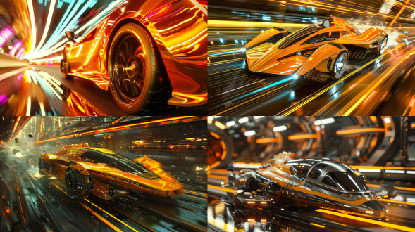 纳米朋克场景中飞船与高科技跑车，橙黄霓虹，未来世界，对角线构图，写实电影风，景深强虚化，<lora:yy-未来飞行器f.1:1>
