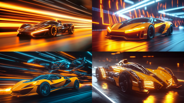 纳米朋克场景中飞船与高科技跑车，橙黄霓虹，未来世界，对角线构图，写实电影风，景深强虚化，<lora:yy-未来飞行器f.1:1>