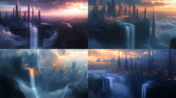 未来城市景观，规则三分构图，中景深，仰角视角，深蓝灰调色，暖光对比，瀑布前景，发光云背景，科幻奇幻风，高分辨率。