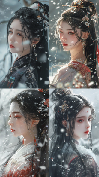 gufeng,1girl,long hair,solo,jewelry,earrings,blurry background,upper body,black hair,blurry,snowing,closed mouth,lips,snow,facing viewer,ribbon,hanfu,flower
