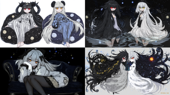 长发单人全身图，星空背景有星云宇宙，穿睡衣，左黑右白头发，红左黄右眼，黑眼圈死鱼眼面瘫无表情白肤，柔和光高画质，梦境风，呆萌懒洋洋，平静。