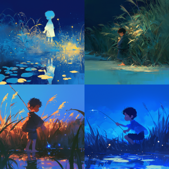 小男孩，湖岸边，芦苇，磷光