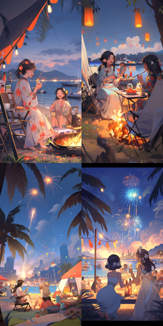 海南海边春节露营，俩女生对坐椅上开心喝茶聊天，周围人烧烤跳舞，背景烟花。广角，漫画风，暖光，热闹，大场面。
