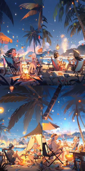 海南海边春节露营，俩女生对坐椅上开心喝茶聊天，周围人烧烤跳舞，背景烟花。广角，漫画风，暖光，热闹，大场面。