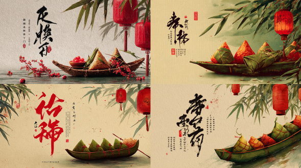 端午海报，红金配色，粽与龙舟赛，竹叶背景配书法，水墨风，水彩色质，灯笼点缀，高反差光，电影构图，8k 精细