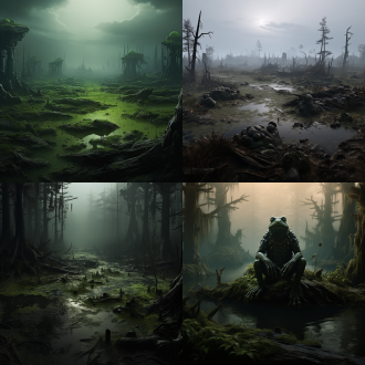 现实主义木材沼泽电影概念艺术，曼达洛人查理·博瓦特风格，雾中沼泽，绿植青蛙池塘，1920x1080超清，暗调，广角。
